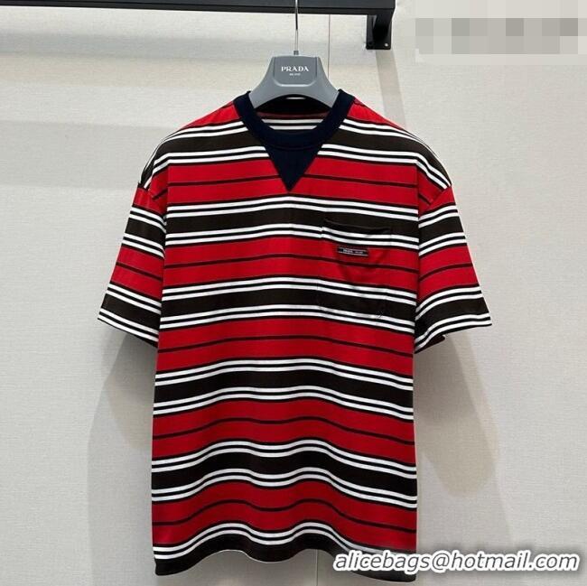 Top Grade Prada Striped Cotton T-Shirt PR032544 Red 2026