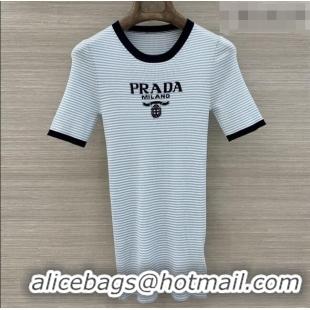 Free Shipping Inexpensive Prada Striped Silk Crew-neck Sweater P42119 Baby Blue 2026