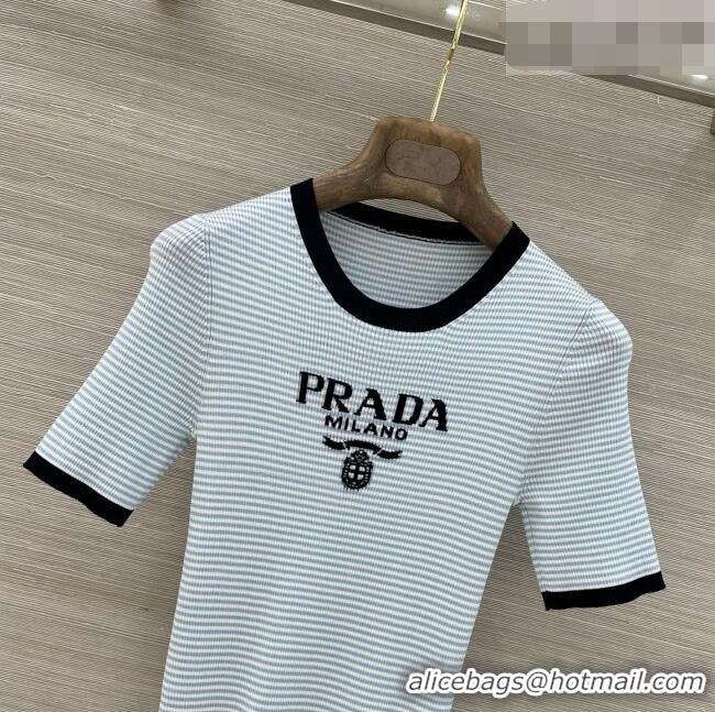 Free Shipping Inexpensive Prada Striped Silk Crew-neck Sweater P42119 Baby Blue 2026