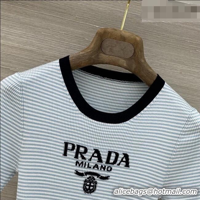 Free Shipping Inexpensive Prada Striped Silk Crew-neck Sweater P42119 Baby Blue 2026
