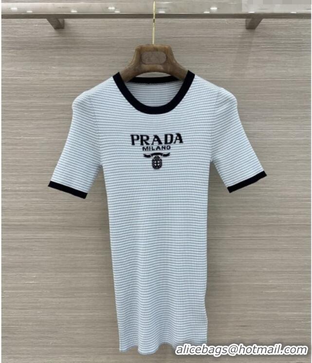 Free Shipping Inexpensive Prada Striped Silk Crew-neck Sweater P42119 Baby Blue 2026