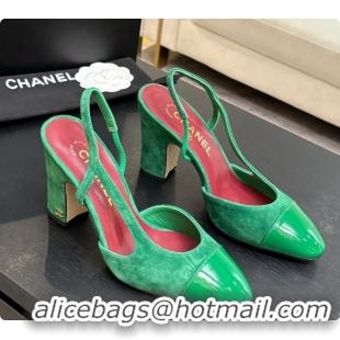 Top Grade Chanel Suede & Patent Leather Slingbacks Pump CH072704 Green 2026