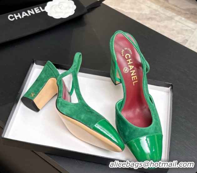 Top Grade Chanel Suede & Patent Leather Slingbacks Pump CH072704 Green 2026