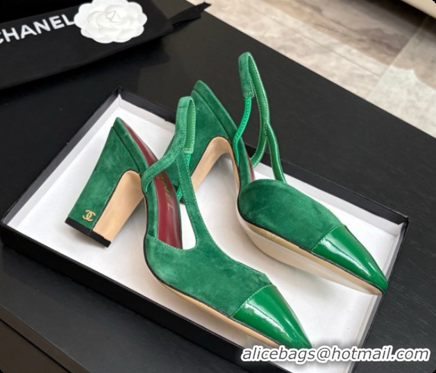 Top Grade Chanel Suede & Patent Leather Slingbacks Pump CH072704 Green 2026