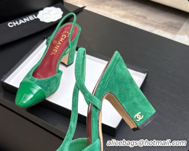 Top Grade Chanel Suede & Patent Leather Slingbacks Pump CH072704 Green 2026