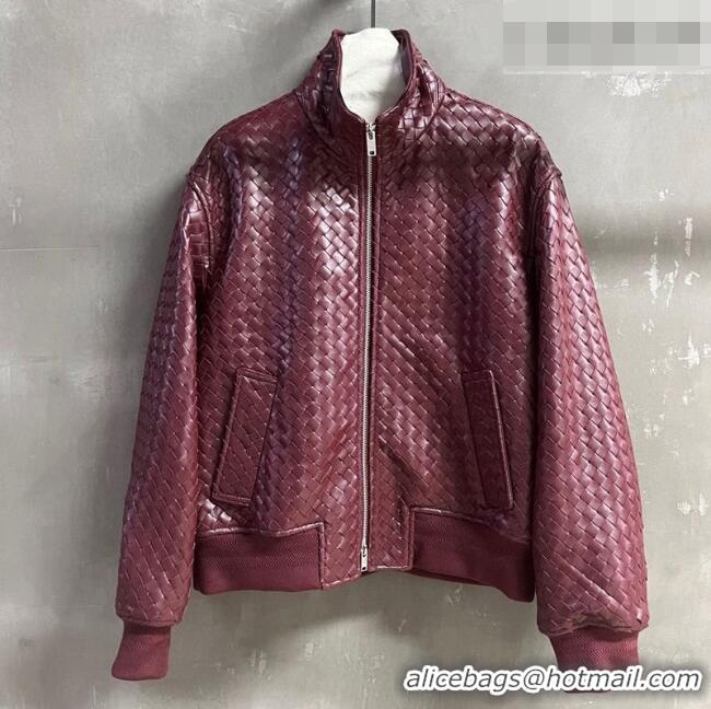Top Grade Bottega Veneta Intrecciato Lambskin Leather Jacket BV042301 Burgundy 2026