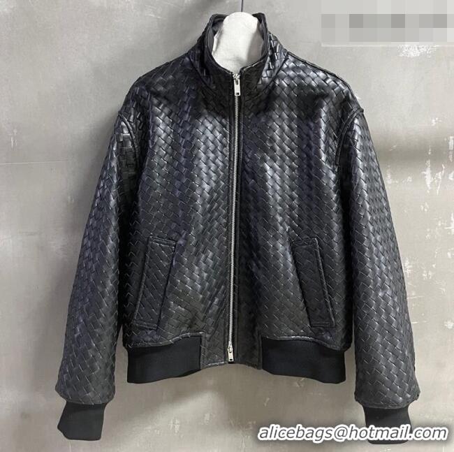 Luxury Cheap Bottega Veneta Intrecciato Lambskin Leather Jacket BV042301 Black 2026