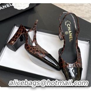 Good Quality Chanel Crocodile Pattern Calfskin & Patent Leather Slingbacks Pump CH072715 Dark Brown 2026