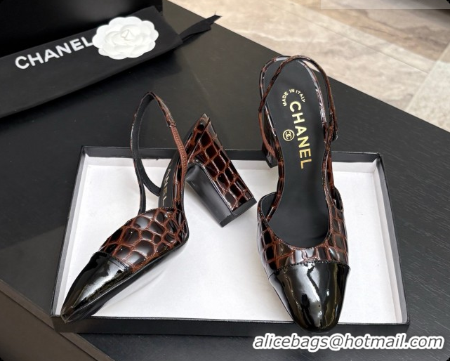 Good Quality Chanel Crocodile Pattern Calfskin & Patent Leather Slingbacks Pump CH072715 Dark Brown 2026