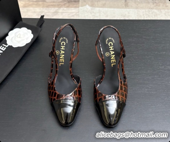 Good Quality Chanel Crocodile Pattern Calfskin & Patent Leather Slingbacks Pump CH072715 Dark Brown 2026