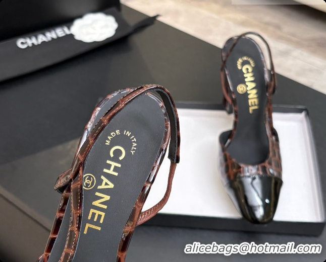Good Quality Chanel Crocodile Pattern Calfskin & Patent Leather Slingbacks Pump CH072715 Dark Brown 2026