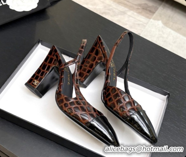 Good Quality Chanel Crocodile Pattern Calfskin & Patent Leather Slingbacks Pump CH072715 Dark Brown 2026