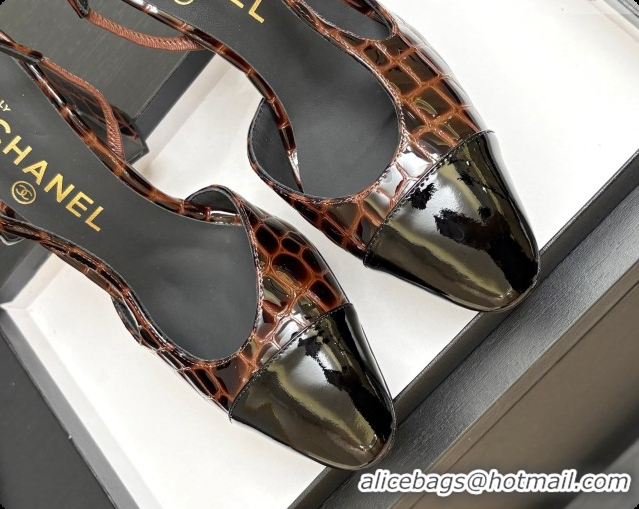 Good Quality Chanel Crocodile Pattern Calfskin & Patent Leather Slingbacks Pump CH072715 Dark Brown 2026
