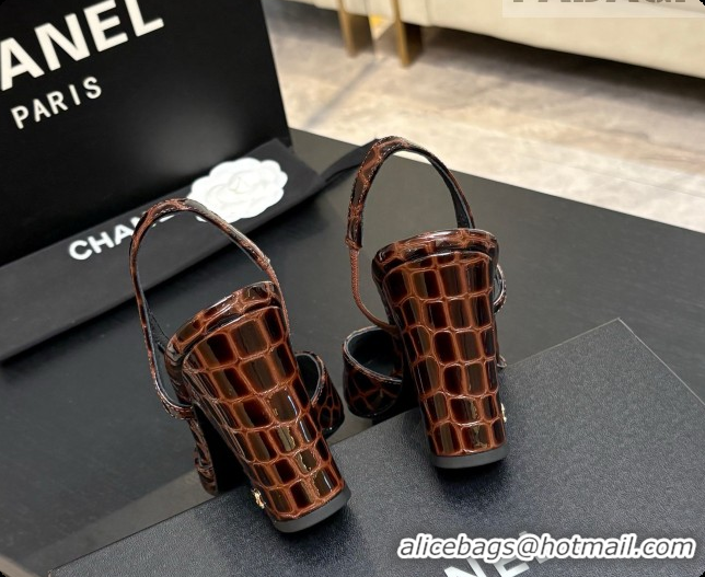Good Quality Chanel Crocodile Pattern Calfskin & Patent Leather Slingbacks Pump CH072715 Dark Brown 2026
