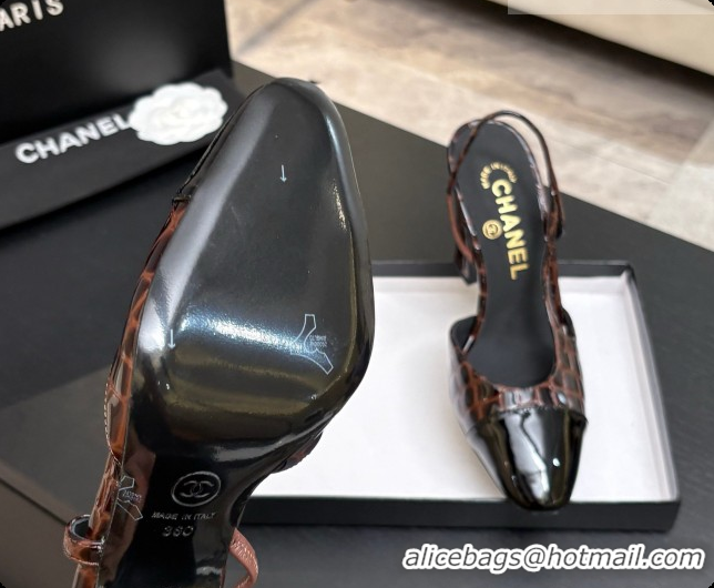 Good Quality Chanel Crocodile Pattern Calfskin & Patent Leather Slingbacks Pump CH072715 Dark Brown 2026