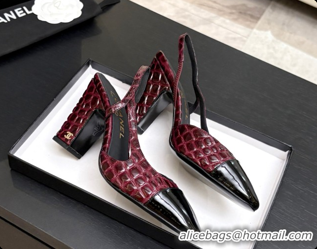 Popular Style Chanel Crocodile Pattern Calfskin & Patent Leather Slingbacks Pump CH072719 Burgundy 2026