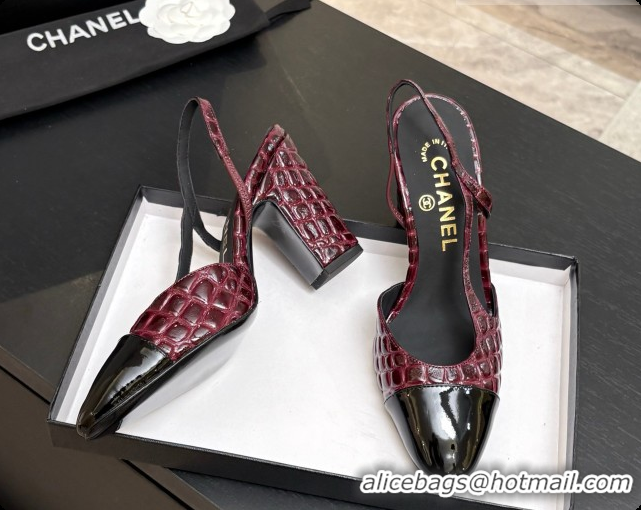 Popular Style Chanel Crocodile Pattern Calfskin & Patent Leather Slingbacks Pump CH072719 Burgundy 2026