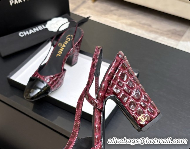 Popular Style Chanel Crocodile Pattern Calfskin & Patent Leather Slingbacks Pump CH072719 Burgundy 2026