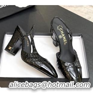 Top Grade Chanel Crocodile Pattern Calfskin & Patent Leather Slingbacks Pump CH072721 Black 2026