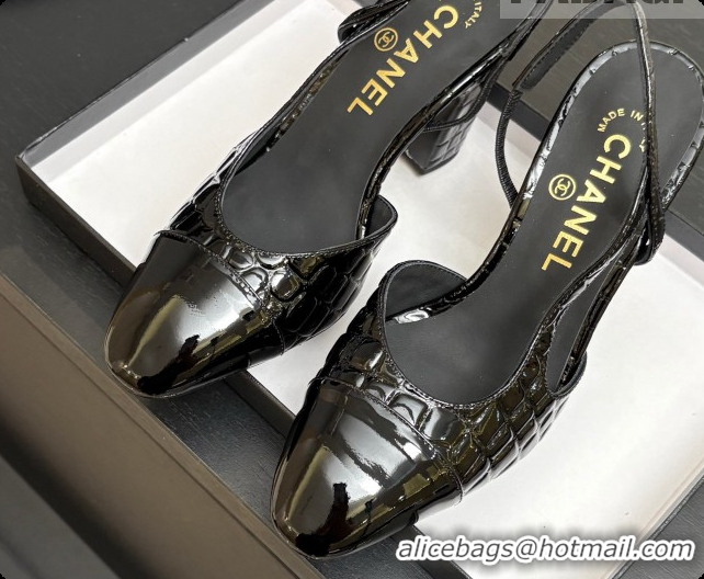Top Grade Chanel Crocodile Pattern Calfskin & Patent Leather Slingbacks Pump CH072721 Black 2026