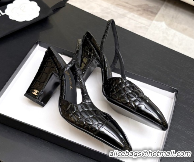 Top Grade Chanel Crocodile Pattern Calfskin & Patent Leather Slingbacks Pump CH072721 Black 2026