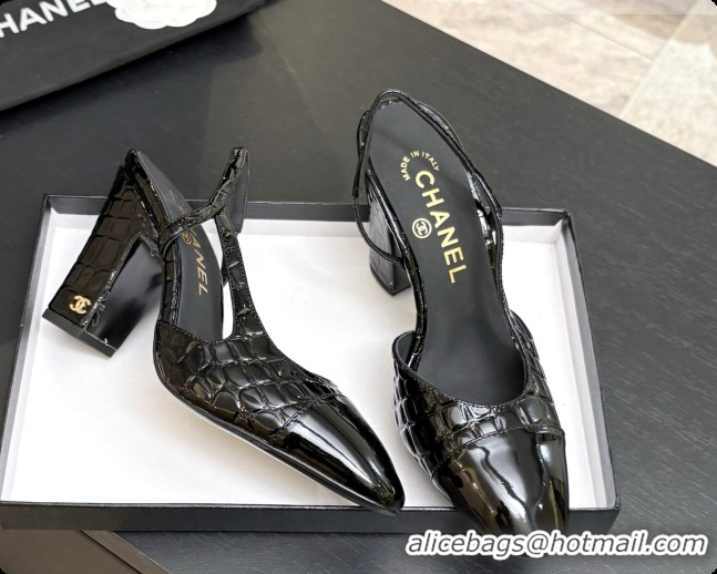 Top Grade Chanel Crocodile Pattern Calfskin & Patent Leather Slingbacks Pump CH072721 Black 2026