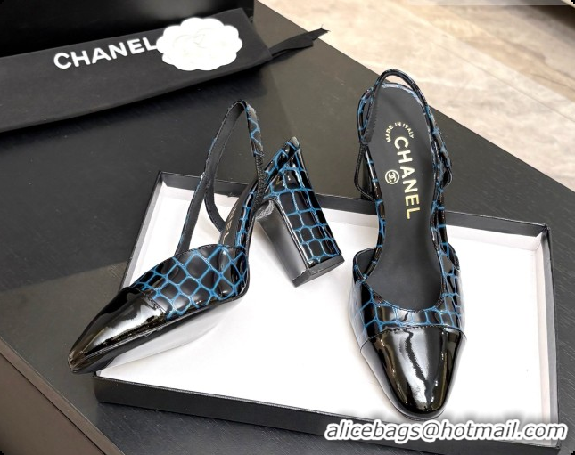 Pretty Style Chanel Crocodile Pattern Calfskin & Patent Leather Slingbacks Pump CH072722 Blue 2026