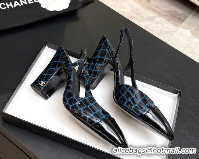 Pretty Style Chanel Crocodile Pattern Calfskin & Patent Leather Slingbacks Pump CH072722 Blue 2026