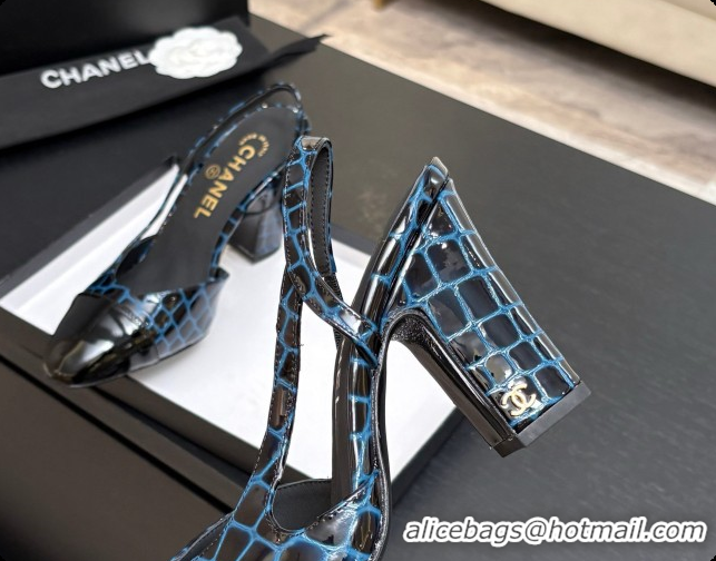 Pretty Style Chanel Crocodile Pattern Calfskin & Patent Leather Slingbacks Pump CH072722 Blue 2026