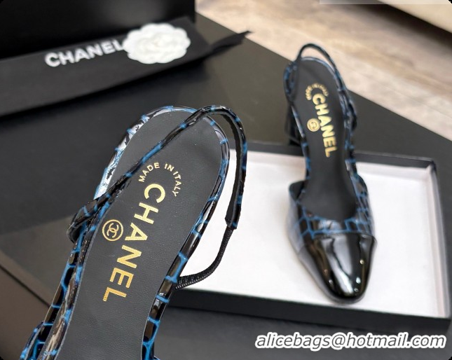 Pretty Style Chanel Crocodile Pattern Calfskin & Patent Leather Slingbacks Pump CH072722 Blue 2026