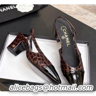 Best Grade Chanel Crocodile Pattern Calfskin & Patent Leather Slingbacks Pump 6.5cm Heel CH072729 Dark Brown 2026