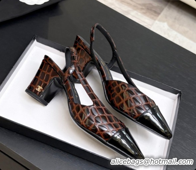 Best Grade Chanel Crocodile Pattern Calfskin & Patent Leather Slingbacks Pump 6.5cm Heel CH072729 Dark Brown 2026