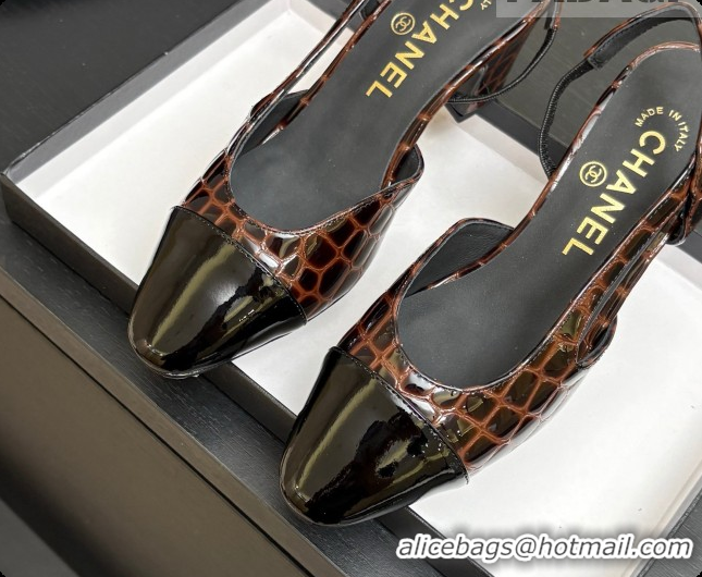 Best Grade Chanel Crocodile Pattern Calfskin & Patent Leather Slingbacks Pump 6.5cm Heel CH072729 Dark Brown 2026