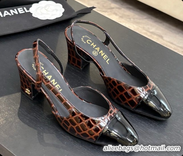 Best Grade Chanel Crocodile Pattern Calfskin & Patent Leather Slingbacks Pump 6.5cm Heel CH072729 Dark Brown 2026