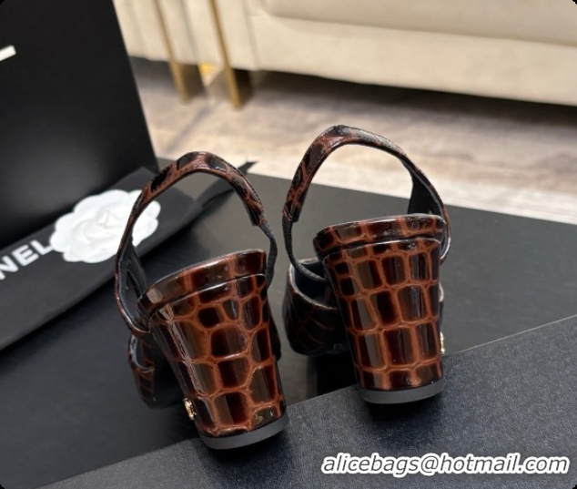 Best Grade Chanel Crocodile Pattern Calfskin & Patent Leather Slingbacks Pump 6.5cm Heel CH072729 Dark Brown 2026