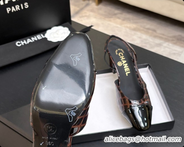 Best Grade Chanel Crocodile Pattern Calfskin & Patent Leather Slingbacks Pump 6.5cm Heel CH072729 Dark Brown 2026