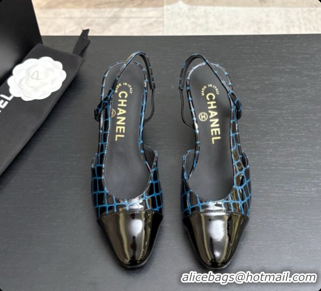Sophisticated Chanel Crocodile Pattern Calfskin & Patent Leather Slingbacks Pump 6.5cm Heel CH072730 Blue 2026