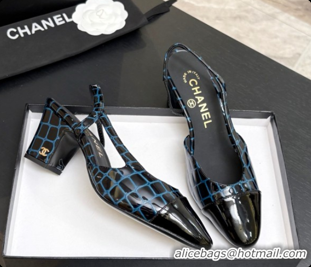 Sophisticated Chanel Crocodile Pattern Calfskin & Patent Leather Slingbacks Pump 6.5cm Heel CH072730 Blue 2026