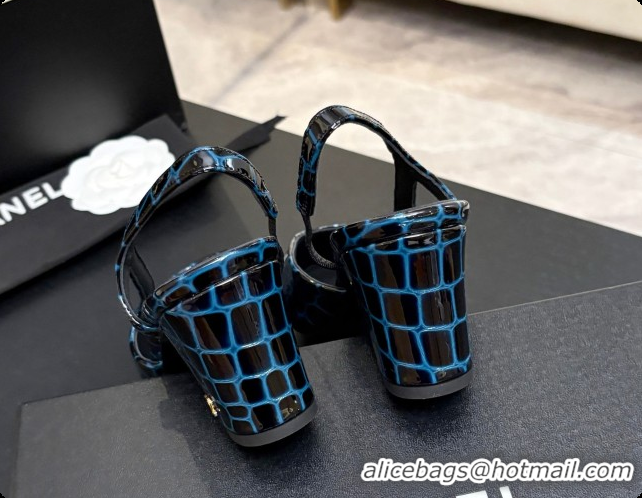 Sophisticated Chanel Crocodile Pattern Calfskin & Patent Leather Slingbacks Pump 6.5cm Heel CH072730 Blue 2026