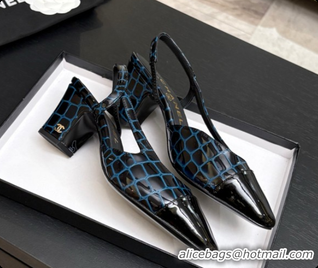 Sophisticated Chanel Crocodile Pattern Calfskin & Patent Leather Slingbacks Pump 6.5cm Heel CH072730 Blue 2026
