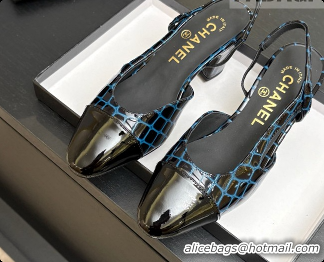 Sophisticated Chanel Crocodile Pattern Calfskin & Patent Leather Slingbacks Pump 6.5cm Heel CH072730 Blue 2026