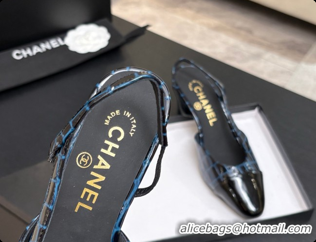 Sophisticated Chanel Crocodile Pattern Calfskin & Patent Leather Slingbacks Pump 6.5cm Heel CH072730 Blue 2026