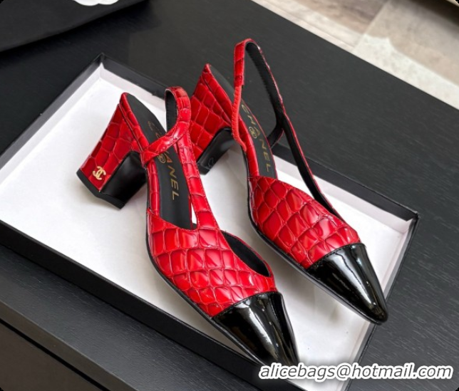 Hot Style Chanel Crocodile Pattern Calfskin & Patent Leather Slingbacks Pump 6.5cm Heel CH072731 Red 2026