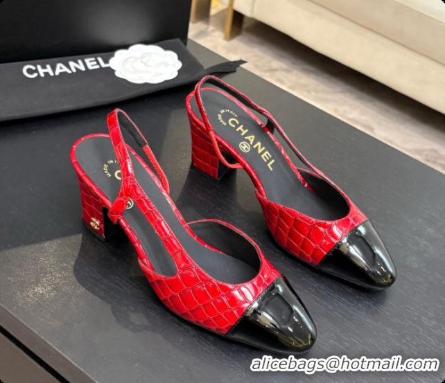 Hot Style Chanel Crocodile Pattern Calfskin & Patent Leather Slingbacks Pump 6.5cm Heel CH072731 Red 2026