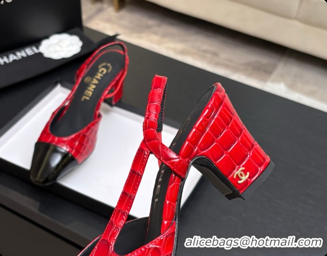 Hot Style Chanel Crocodile Pattern Calfskin & Patent Leather Slingbacks Pump 6.5cm Heel CH072731 Red 2026