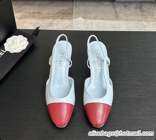 Stylish Chanel Lambskin Slingbacks Pump 6.5cm Heel CH072738 Light Blue/Burgundy 2026