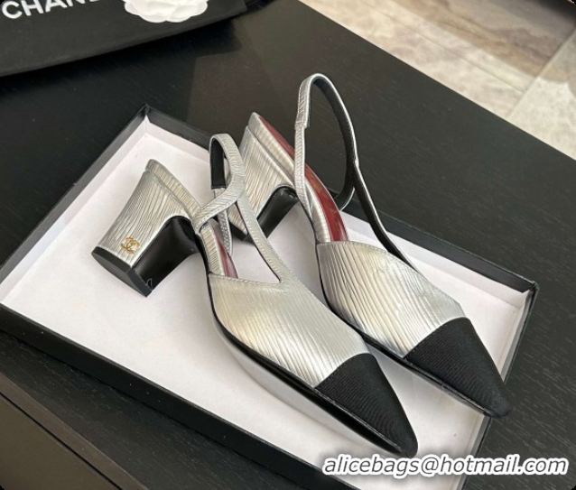 Luxurious Chanel Silver Leather Slingbacks Pump 6.5cm Heel CH072740 2026