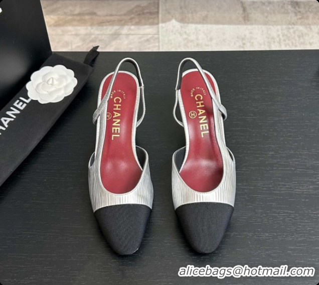 Luxurious Chanel Silver Leather Slingbacks Pump 6.5cm Heel CH072740 2026
