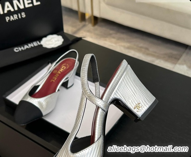 Luxurious Chanel Silver Leather Slingbacks Pump 6.5cm Heel CH072740 2026