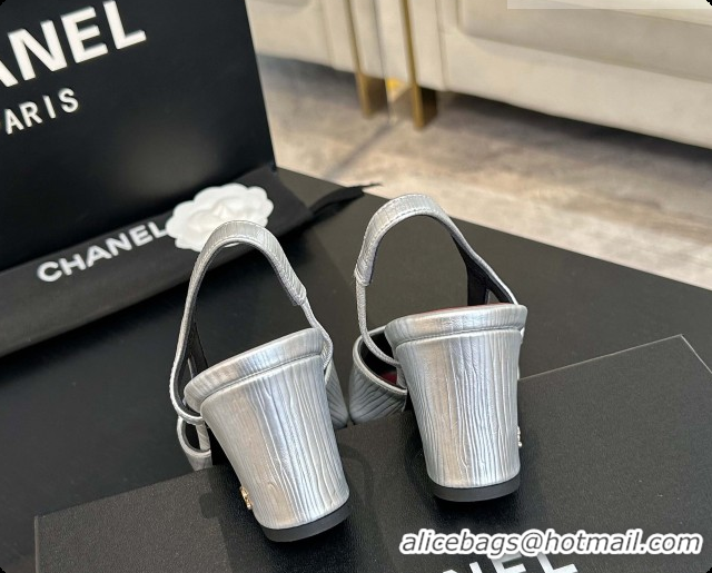 Luxurious Chanel Silver Leather Slingbacks Pump 6.5cm Heel CH072740 2026